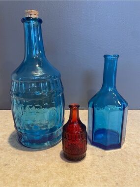 WHEATON NJ Vintage Glass Bottles Mini Apothecary Ruby Red Bitters Octagonal Blue